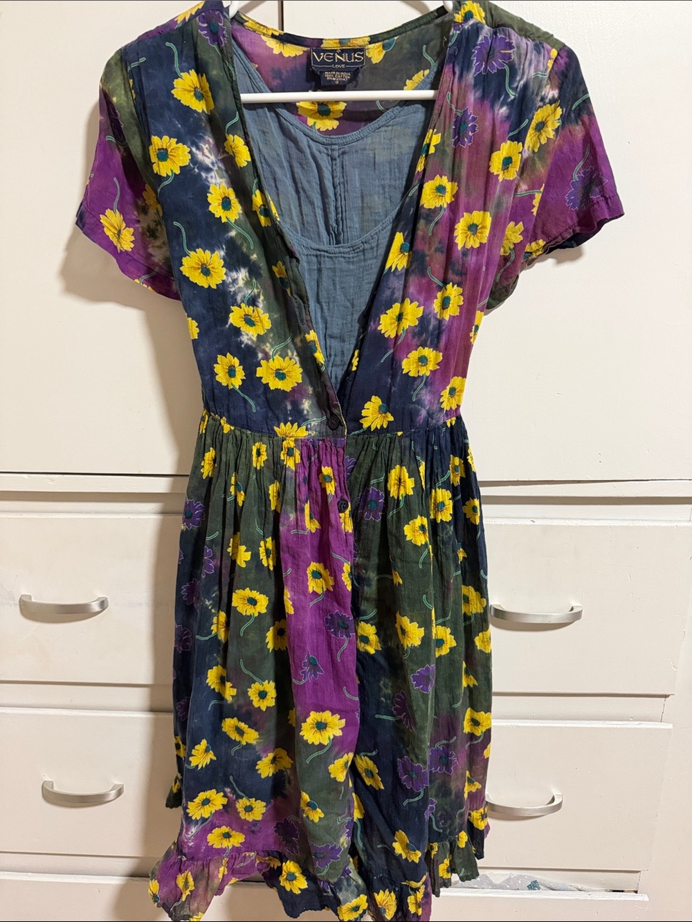 VENUS Purple, Green and Navy Floral Tiered V-Neck Dress